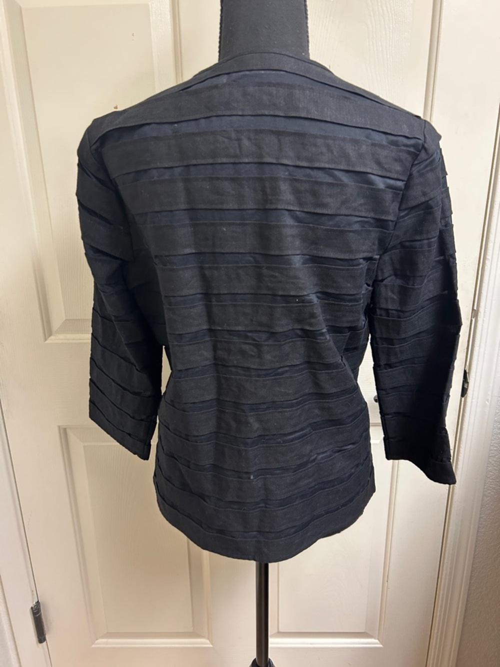 Chico's black jacket featuring striped textured fabric with sheer panels, Size 0 - Picture 7 of 9